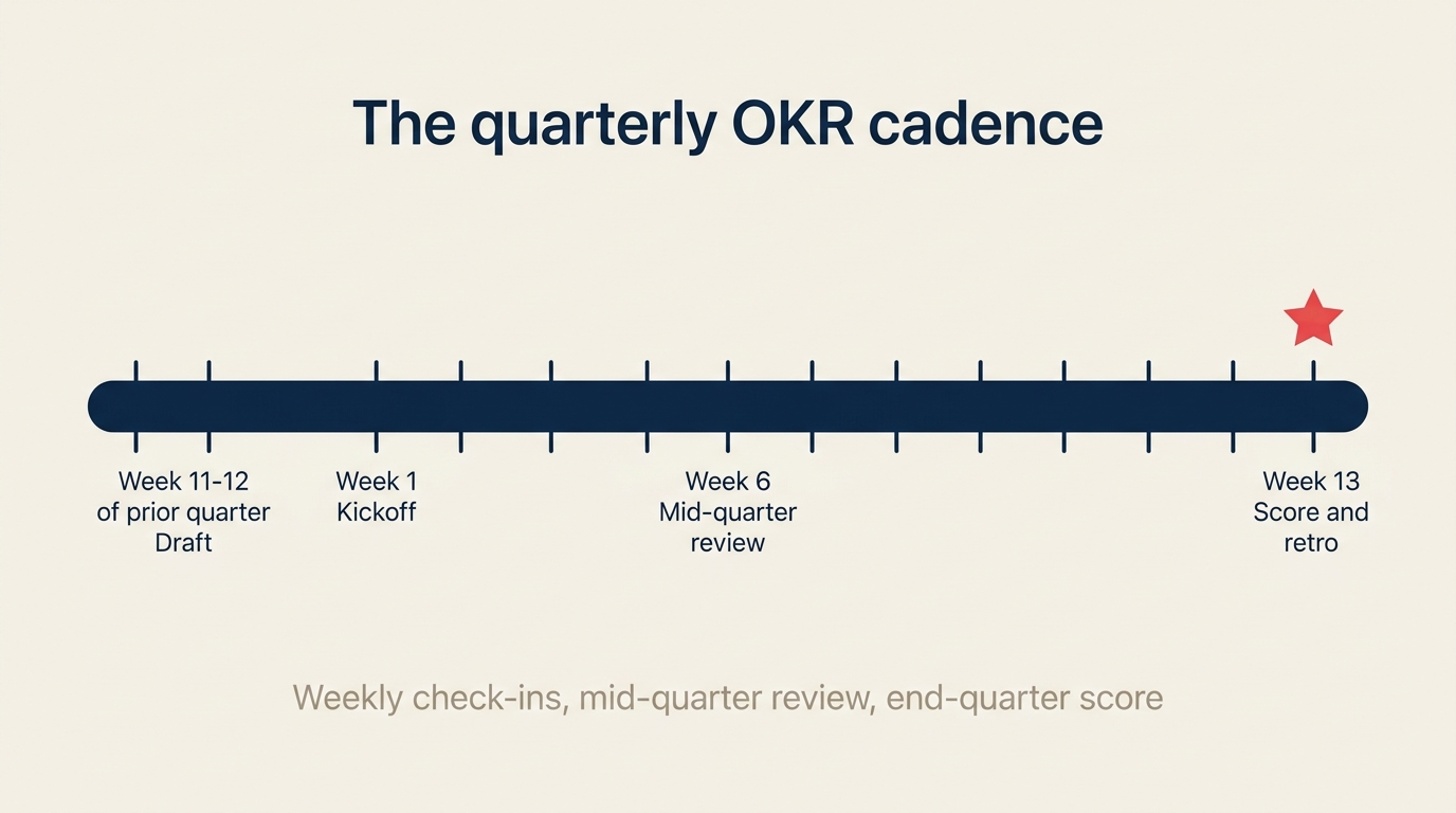 Quarterly OKR cadence showing weeks for drafting, reviews, and reflection