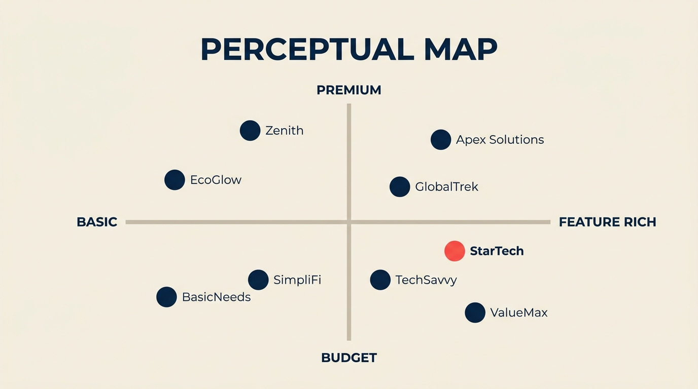 Perceptual map with two axes plotting brands by price and quality