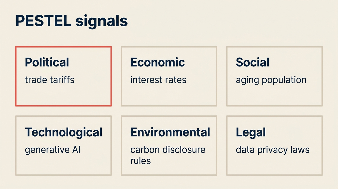 Each PESTEL factor with example signals: regulation, interest rates, demographics, AI, climate, compliance