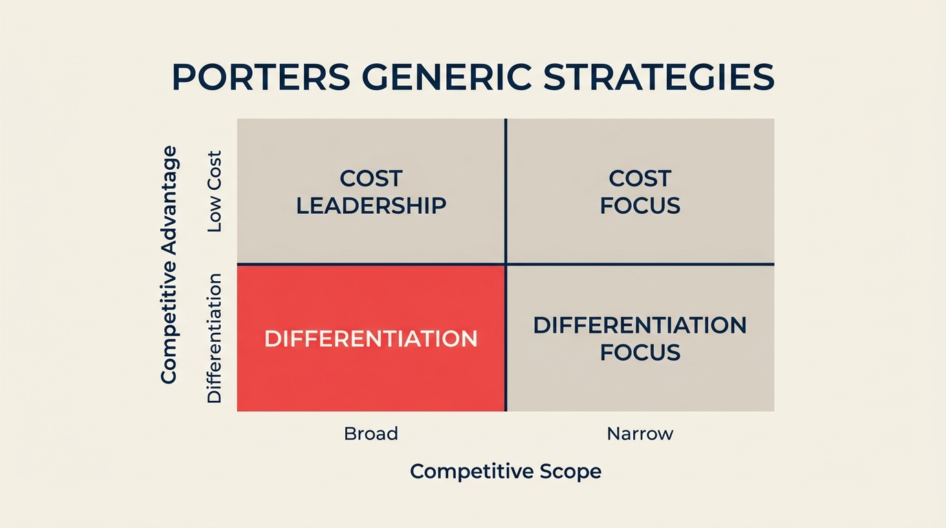 Porter's generic strategies 2x2 matrix of cost leadership, differentiation, and focus