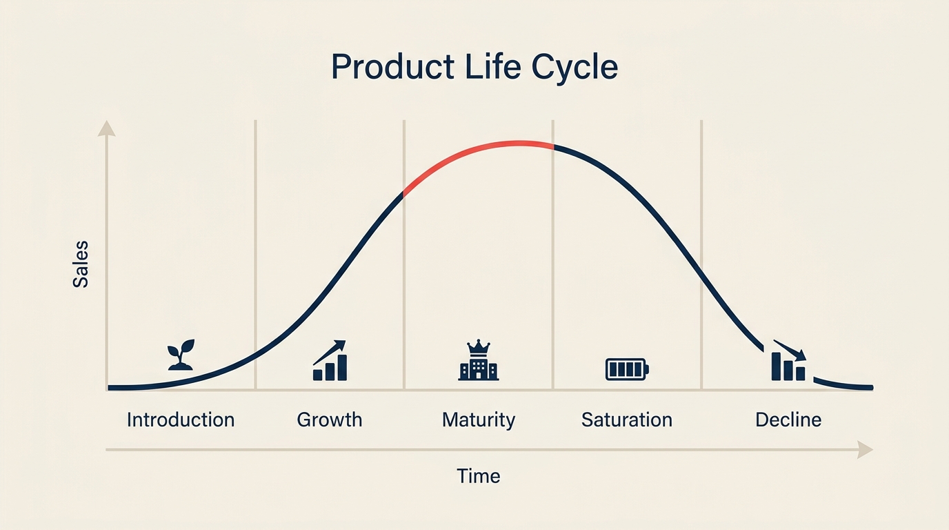 Product life cycle bell curve showing the five stages: development, introduction, growth, maturity, and decline