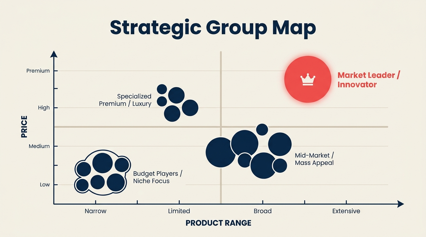 Strategic group map plotting competitors by price and product scope into clusters