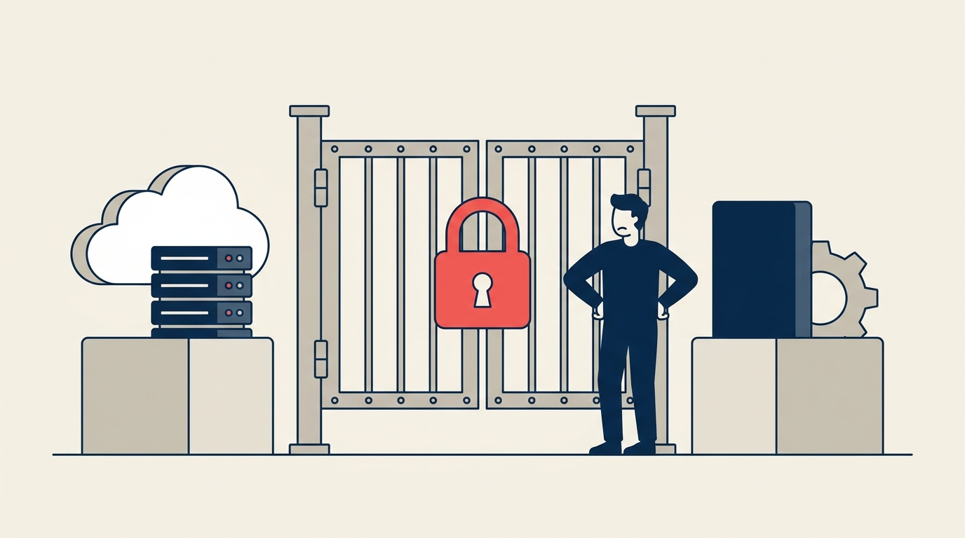Customer facing a locked barrier between two platforms illustrating switching costs