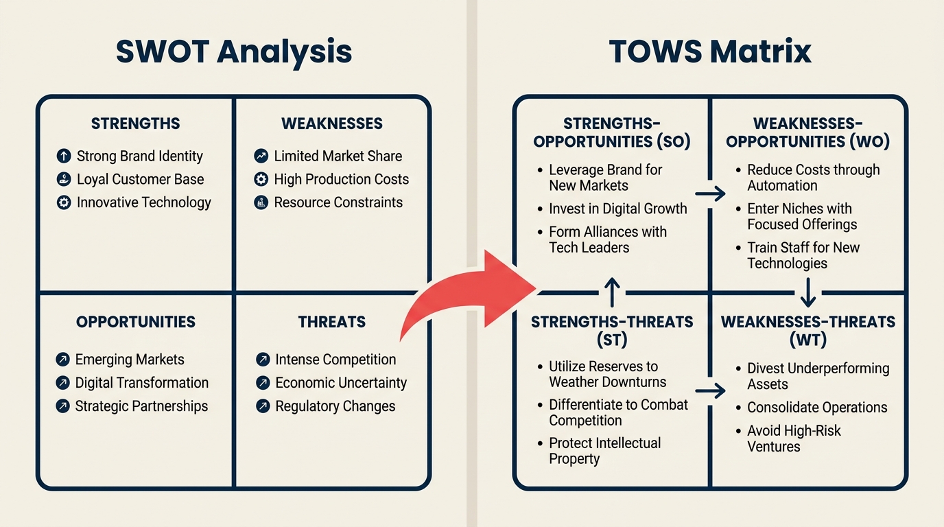 SWOT vs TOWS comparison showing the SWOT audit grid feeding into the TOWS strategy matrix