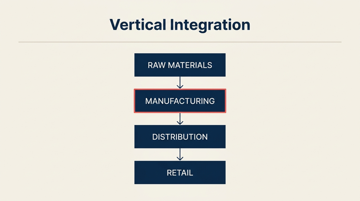 Vertical integration shown as a company owning stages of its supply chain