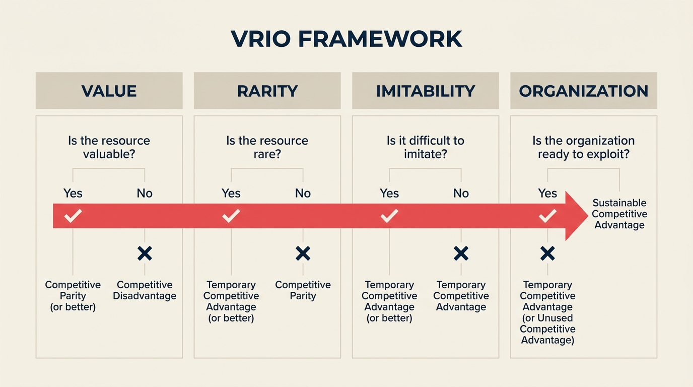 VRIO framework four questions value rarity imitability organization
