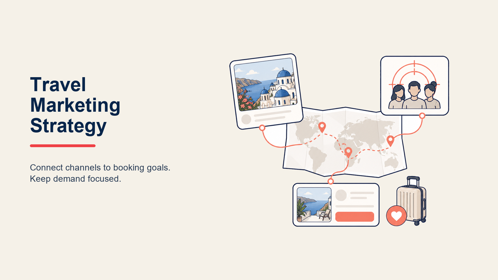 Travel marketing strategy framework showing digital and traditional channels