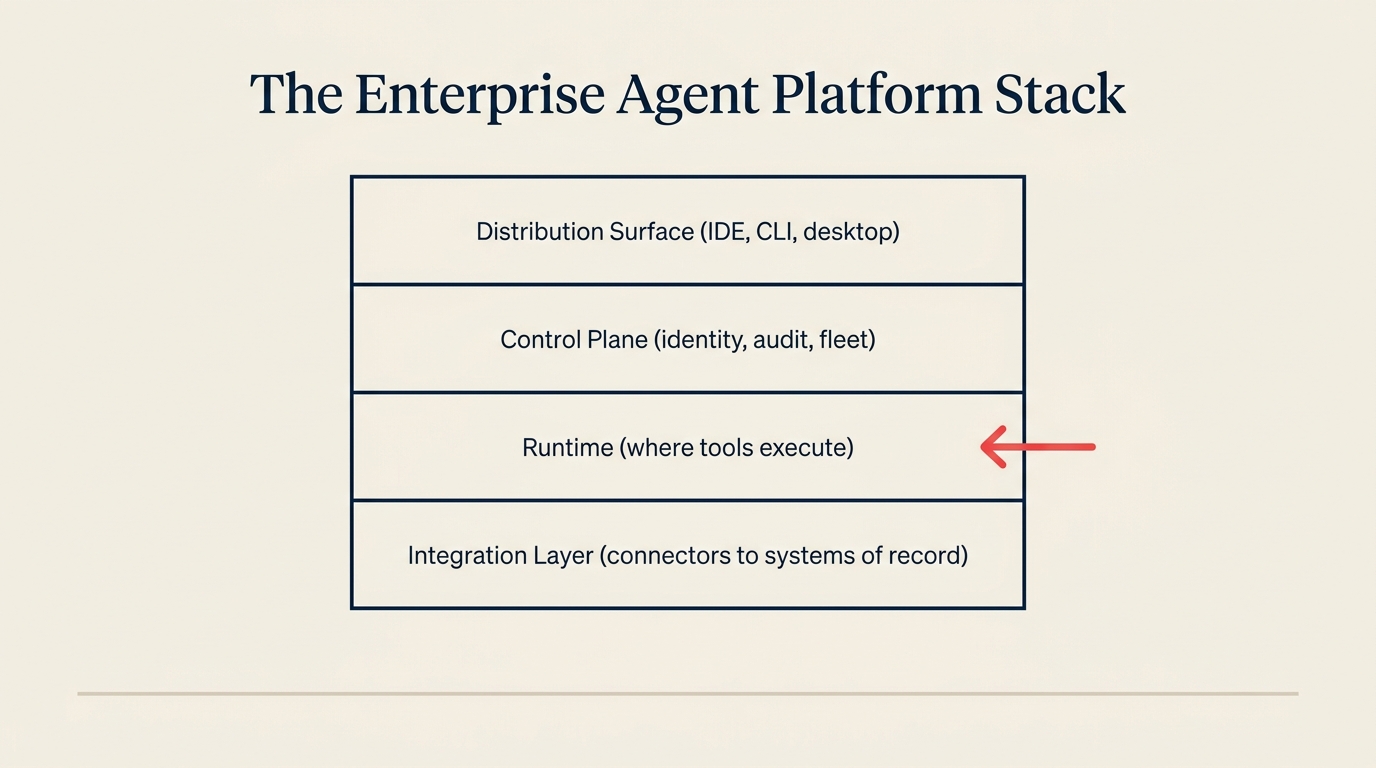 Diagram of the four-layer Enterprise Agent Platform Stack: distribution surface, control plane, runtime, integration layer