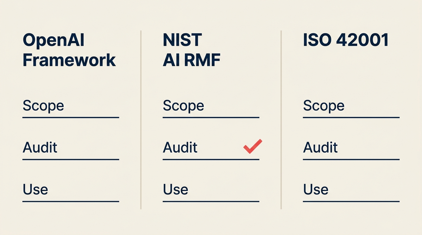 OpenAI Frontier Governance Framework decision matrix for CTOs comparing NIST AI RMF and ISO 42001