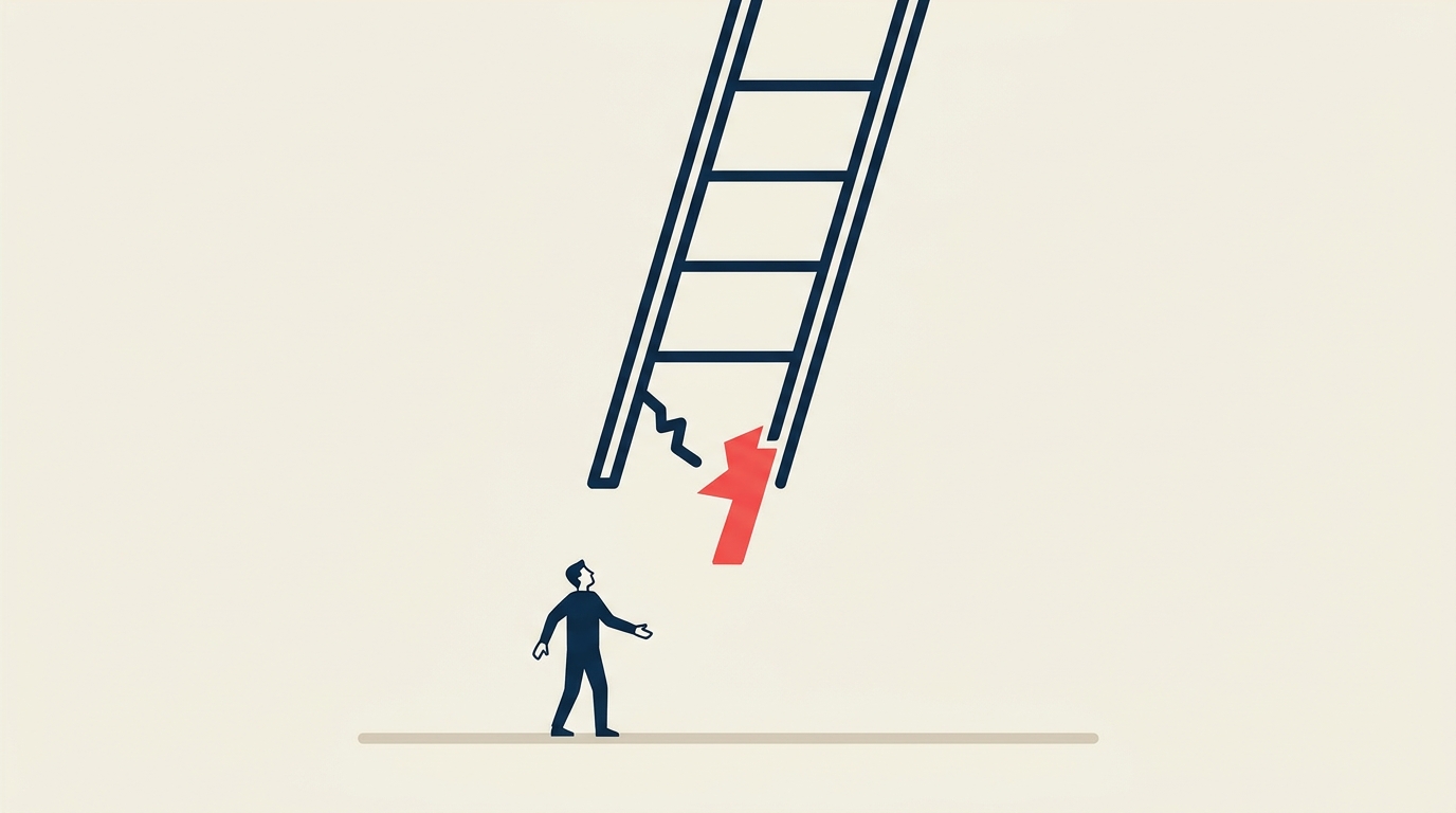 A career ladder with a broken bottom rung, showing how AI is removing the entry-level step