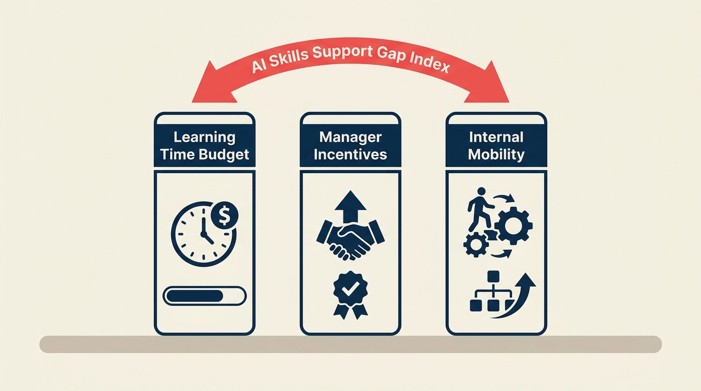 AI Skills Support Gap Index diagram showing learning time, manager incentives, and internal mobility