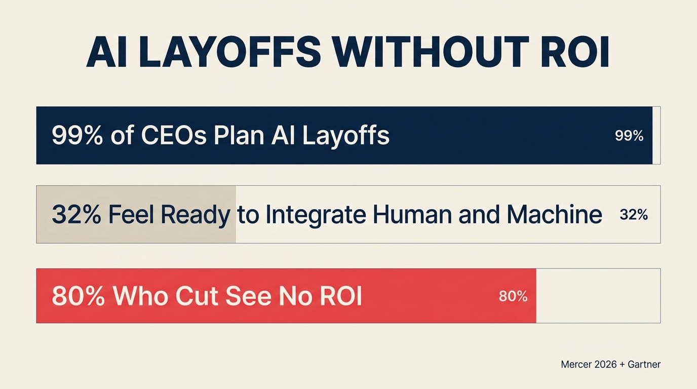 Mercer 99 percent CEO AI layoffs vs Gartner 80 percent no ROI chart showing the readiness gap