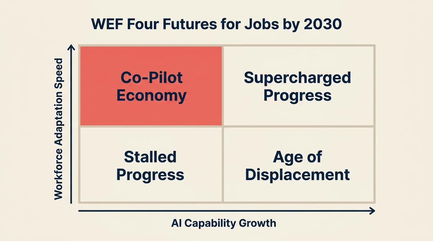 WEF four futures 2x2 quadrant showing Supercharged Progress, Age of Displacement, Co-Pilot Economy, and Stalled Progress scenarios