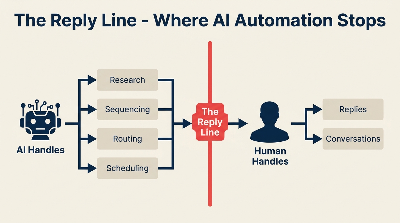 The Reply Line framework: AI automates everything up to the first reply, then hands off to a human rep for the conversation