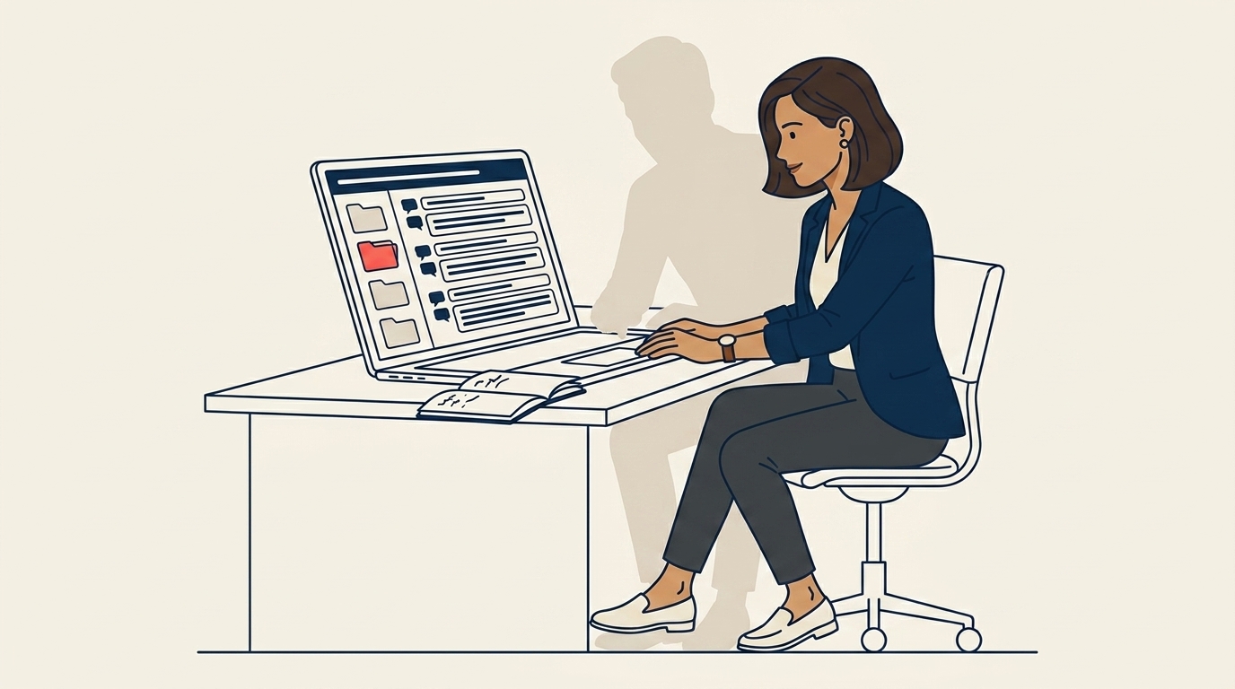 Maya at her desk with the corporate lead, both reviewing a structured document on a laptop showing categorized question-and-answer pairs, calm focused atmosphere