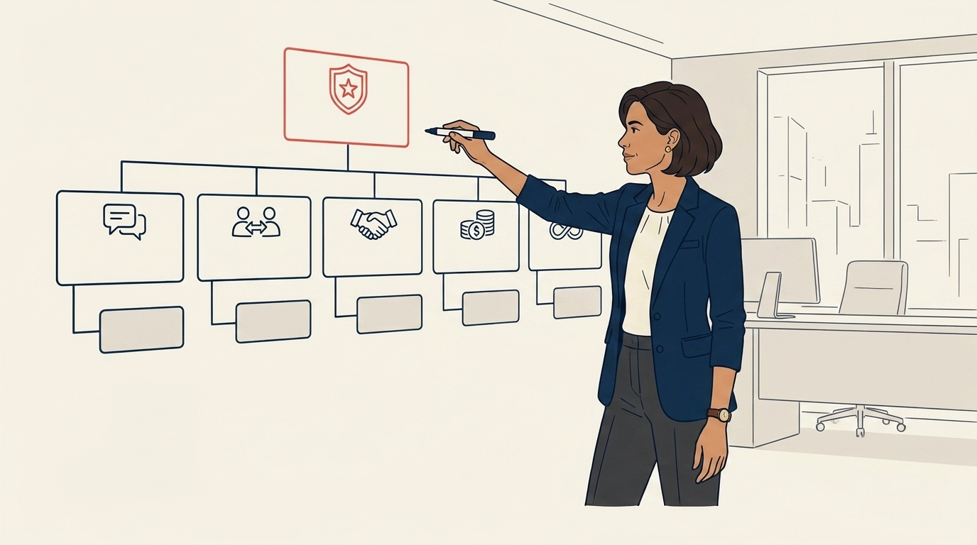 Maya at a wall org-chart titled "Crisis Response," boxes labeled by role with names beneath them, calm planning expression