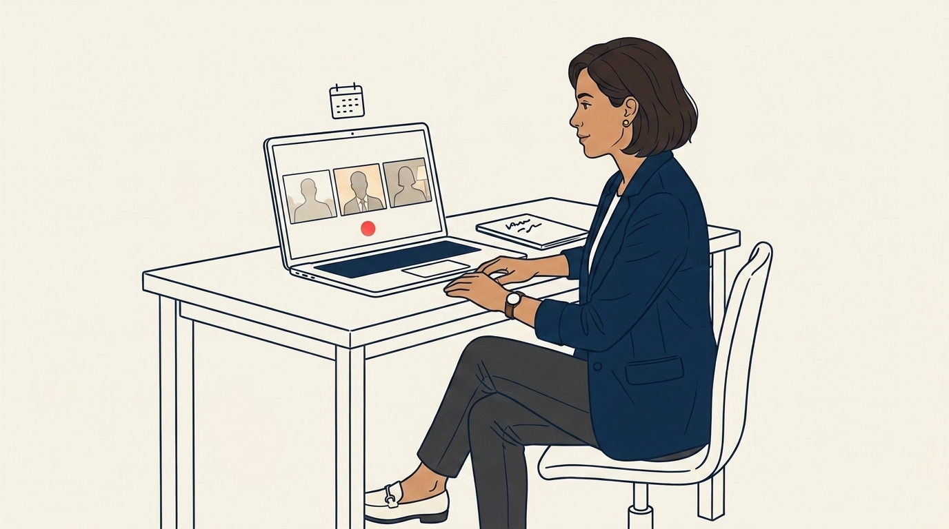 Maya in a video call with three small video tiles visible (one per country office), each with different ambient lighting, calm cross-cultural meeting