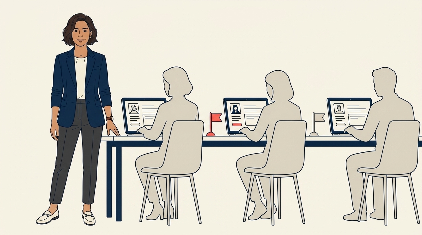 Maya at a customer-recovery review meeting with three specialists, each working through a list of affected travelers on laptops, calm focused atmosphere