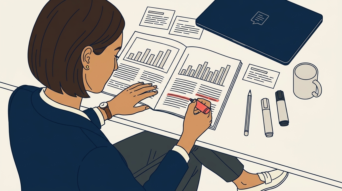 Maya at her desk reviewing a customer's annual report on screen, three highlighter colors visible on a printed page, focused researching expression