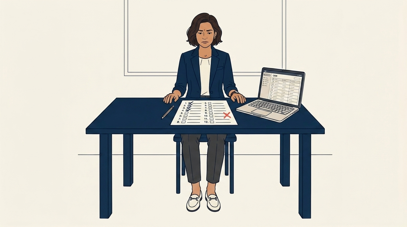 Maya at her desk with a printed checklist titled "handoff form," frustration visible, the checklist already showing fields nobody filled in