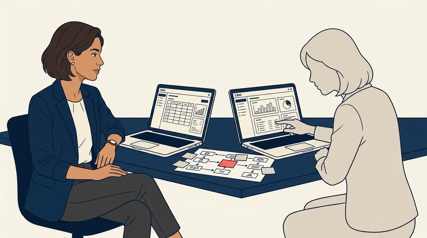 Maya and her new Sales Ops hire seated together at a desk, two laptops open showing CRM screens, sticky notes between them on a process diagram