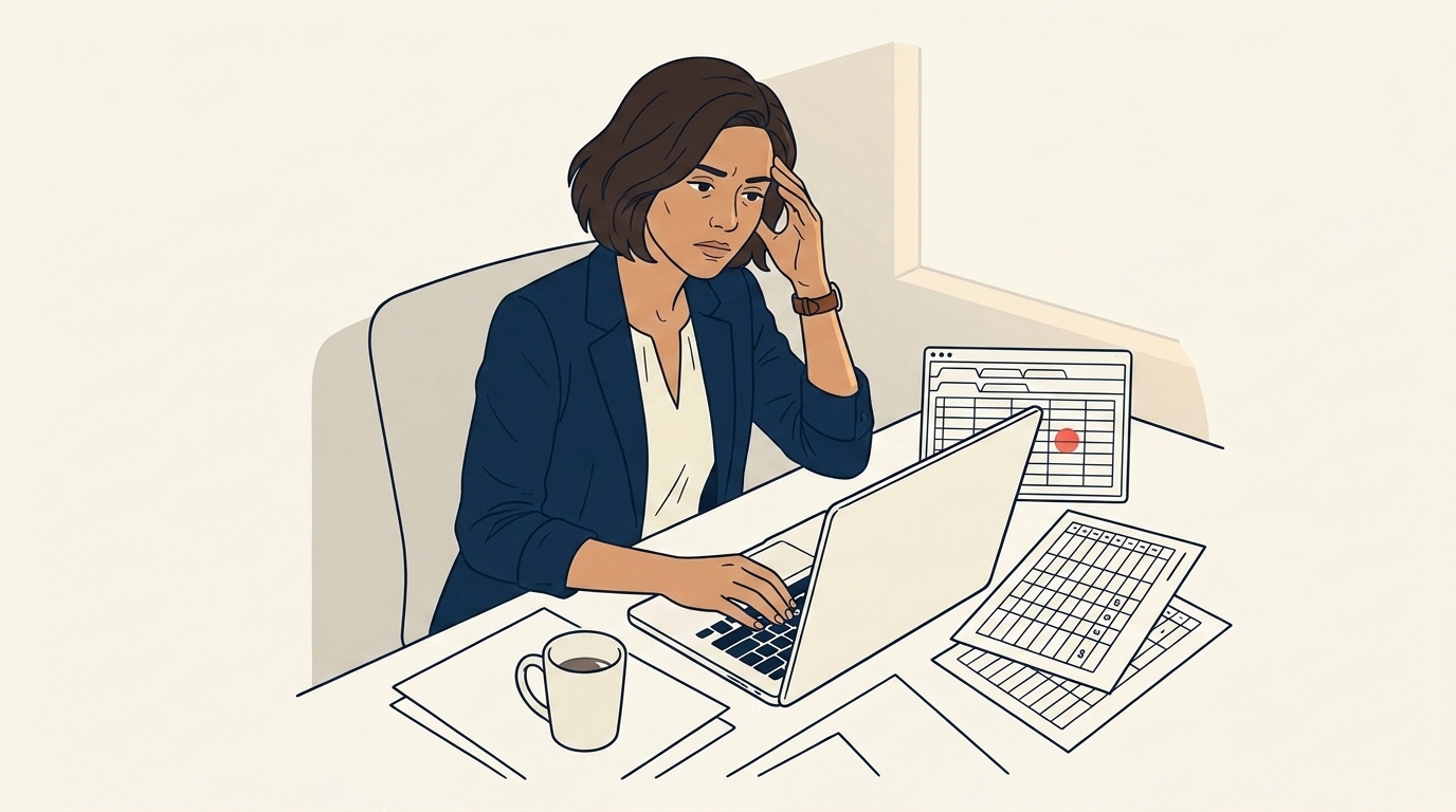 Maya at her desk in late afternoon light, three browser tabs open and two spreadsheets spread out, hand on her temple, a half-empty coffee mug beside her keyboard