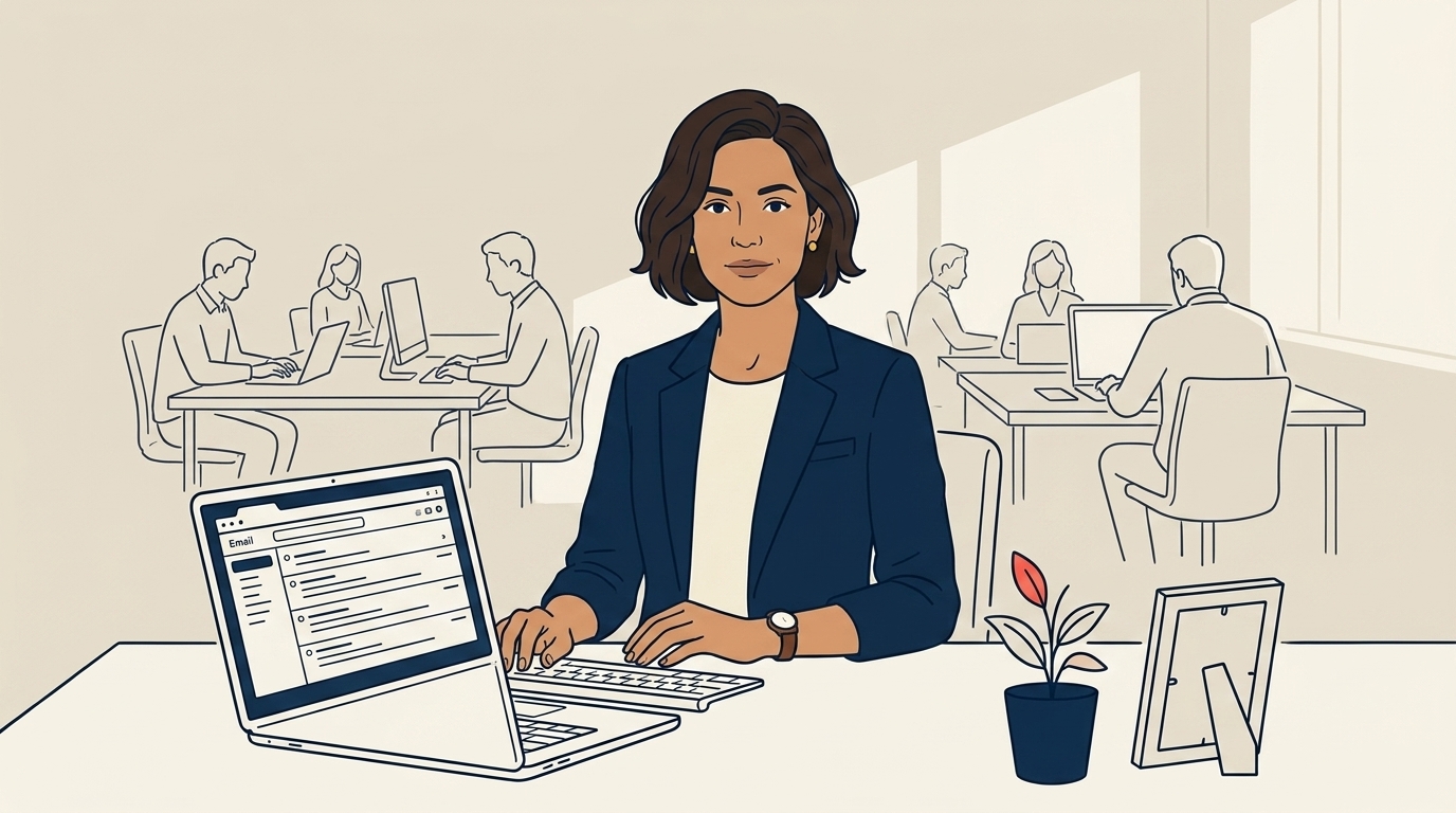 Maya at her desk on a Friday afternoon, no urgent messages on screen, a calm expression, the office floor visible behind her quietly working