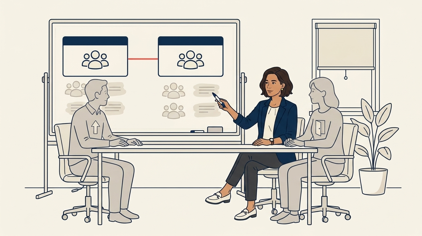 Maya at a meeting with two figures, the senior agent and an external candidate, the three of them looking at a shared whiteboard collaboratively