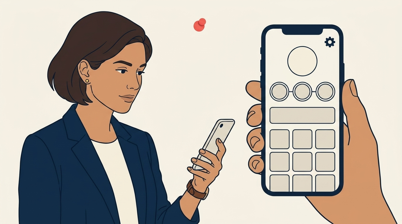 Maya holding her phone, screen visible showing an Instagram profile with clean highlights icons, her finger about to tap the settings gear