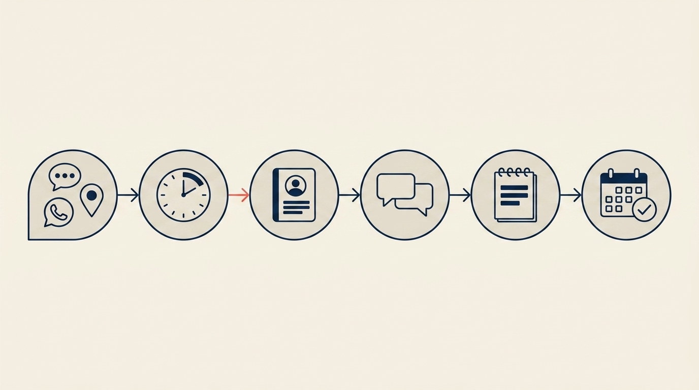 Maya's desktop with a flow diagram of lead movement: inquiry arrives, Maya replies within SLA, contact saved in spreadsheet, conversation continues on WhatsApp, logged in spreadsheet notes column, follow-up reminder scheduled