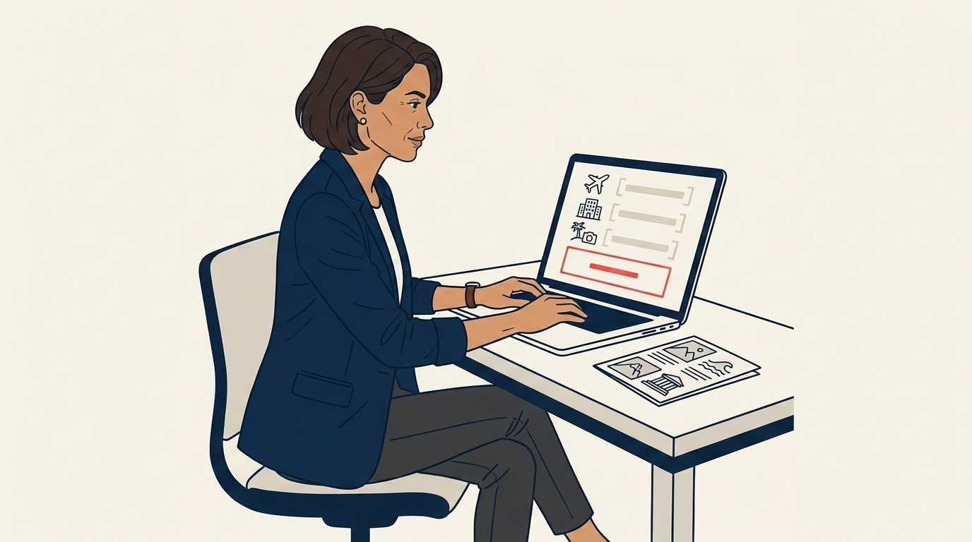 Maya at her desk reviewing a leisure itinerary on screen, three components visible (flight, hotel, activities) with a clean per-person price beneath