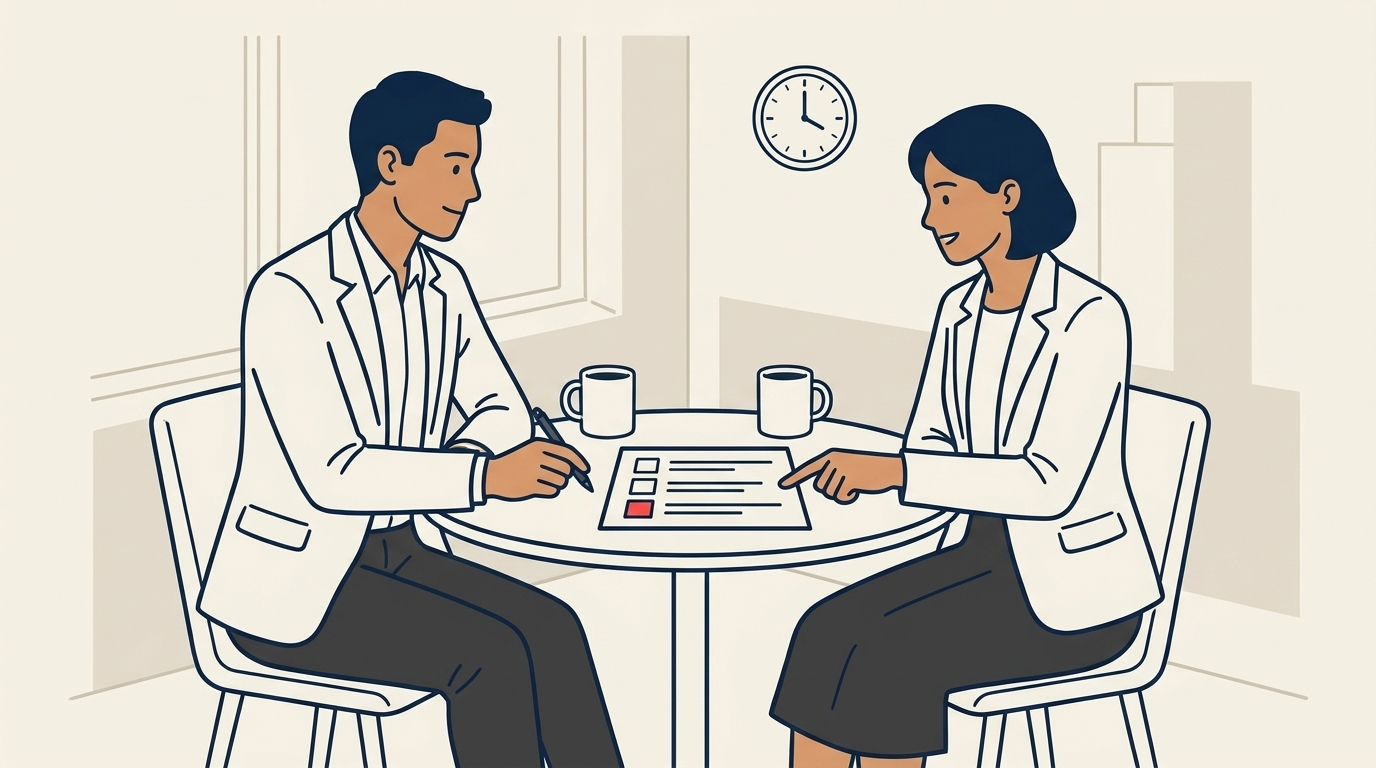 Two figures (Sales lead and Fulfilment lead) seated across a small table in a 15-minute live handoff meeting, a single-page brief between them, calm collaborative atmosphere