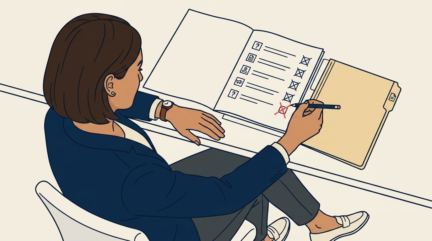 Maya at her desk reviewing an RFP document with a small red X drawn in the margin, the document about to be filed in a "no-bid" folder, deliberate expression