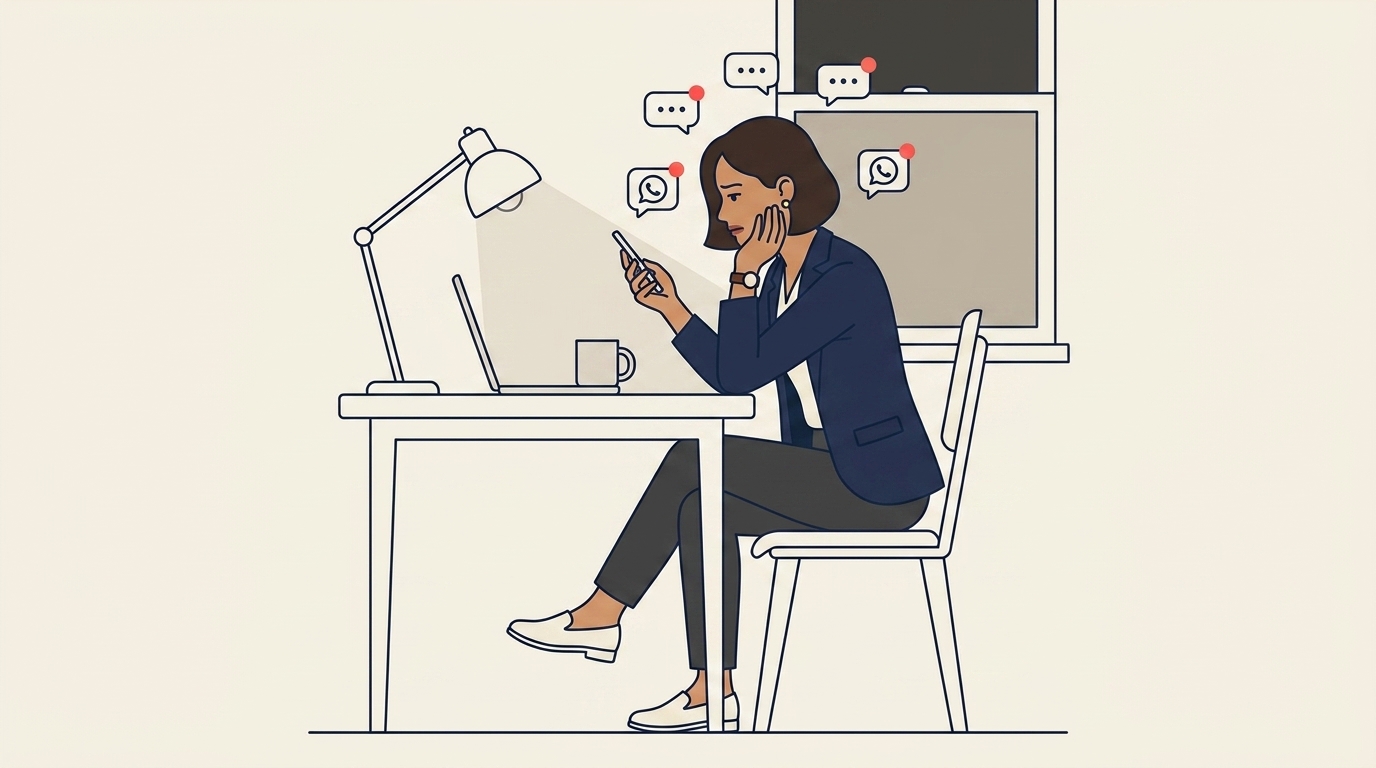 Maya staring at her phone at 9pm, three unread Instagram DMs and two WhatsApp notifications, tension visible on her face, the moment she realizes she can't scale further alone