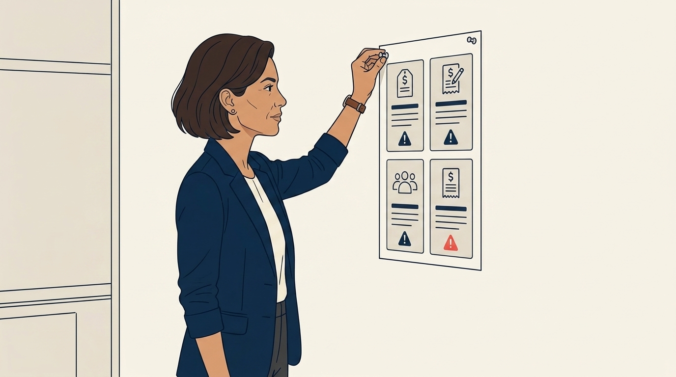 Maya pinning a single-page laminated cheat sheet to a wall, the sheet showing four small icons and short rules in clean linework