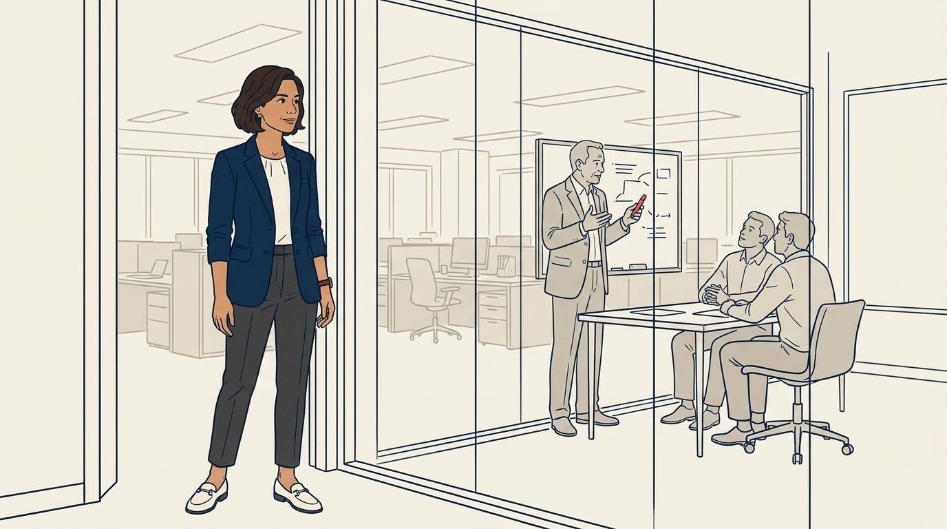 Maya in a one-on-one with a senior agent, the agent gesturing as if explaining something to colleagues, calm coaching atmosphere