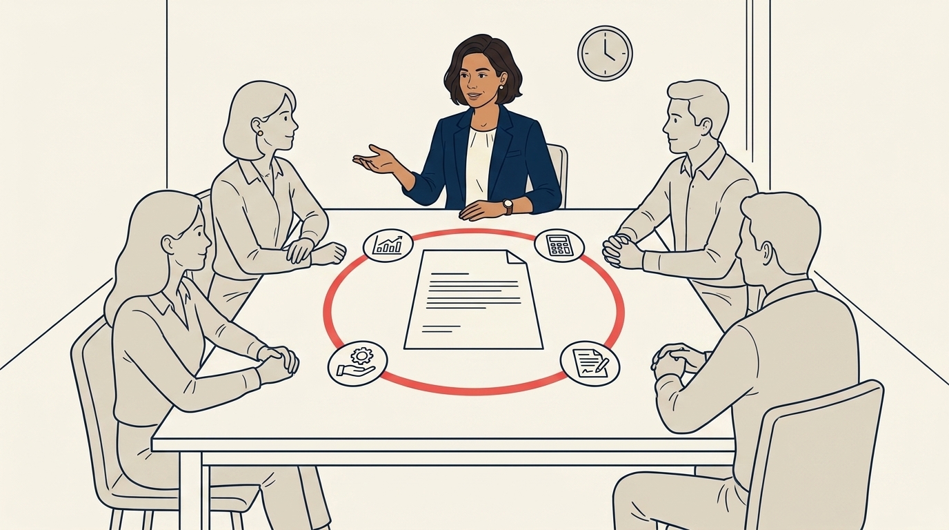 Maya at a meeting room table with four roles seated around it (Corporate Lead, Operations, Finance, Service Lead), a deal-team meeting, calm collaborative mood