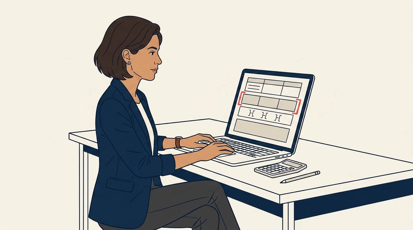 Maya at her laptop with a structured pricing sheet on screen showing per-trip pricing, management fee, and rebate triggers, calm focused expression