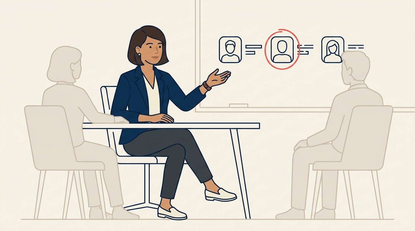 Maya at a Tuesday review meeting with a Service lead and a Sales lead, three names of recent travelers on a whiteboard with notes beside each