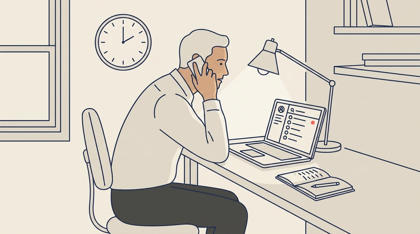 A figure rendered in soft warm-light-gray on the phone at a desk in early morning light, a clock visible showing pre-dawn hours, urgent calm posture, the scene captioned as the supplier liaison on an emergency call