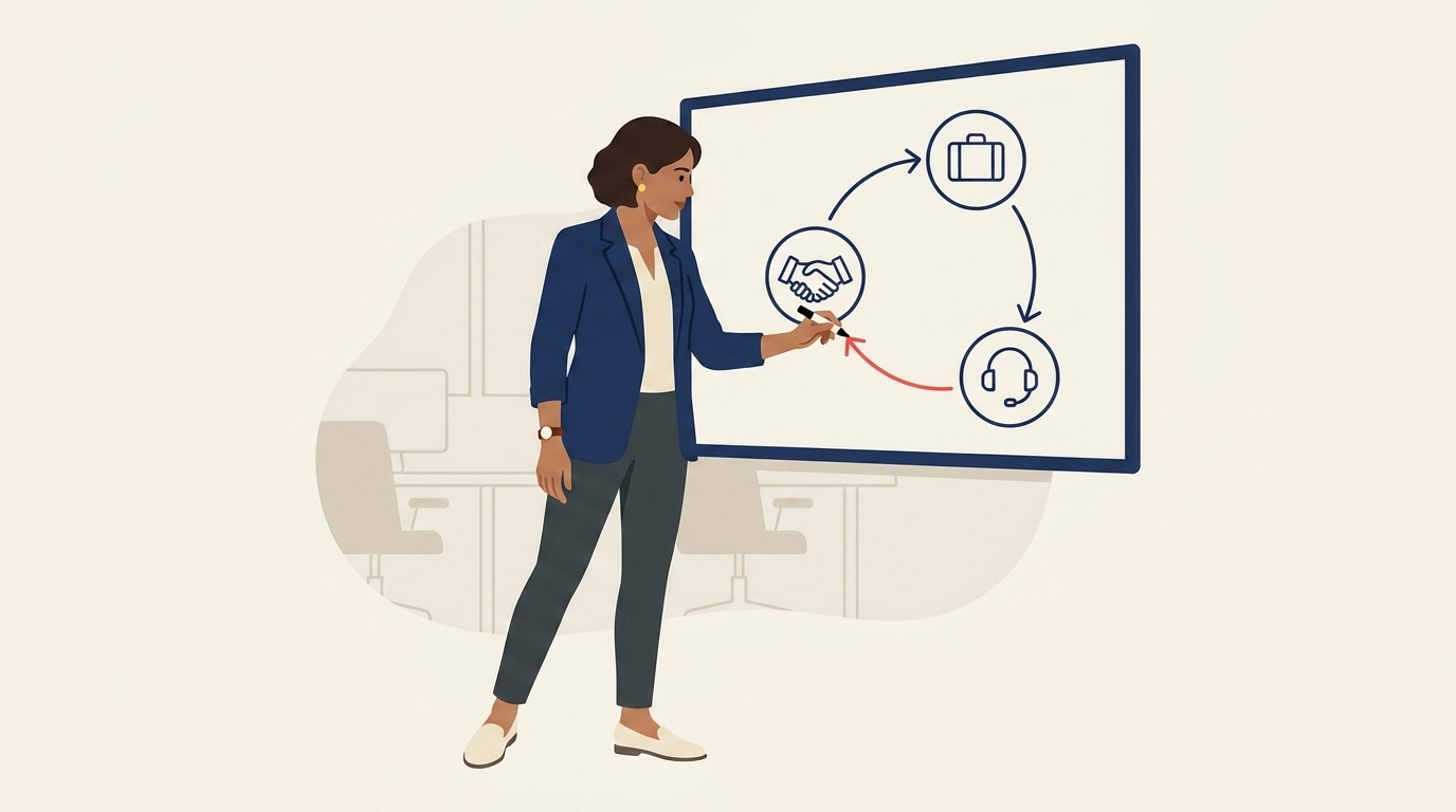 Maya at a whiteboard drawing three labeled arrows: Sales to Fulfilment, Fulfilment to Service, Service back to Sales for renewals