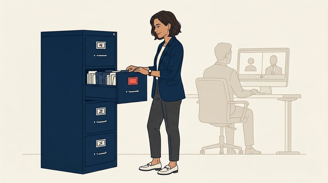 Maya at her office reviewing a tidy filing cabinet labeled by year, calm satisfied expression, the corporate lead visible in the background working with a customer