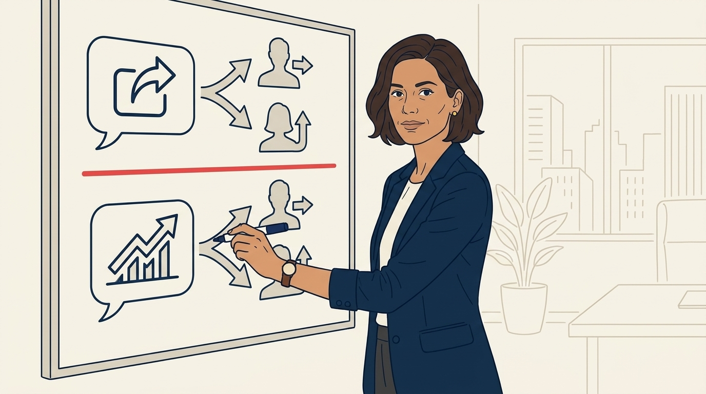 Maya at a whiteboard writing two short questions in clean linework, marker mid-stroke