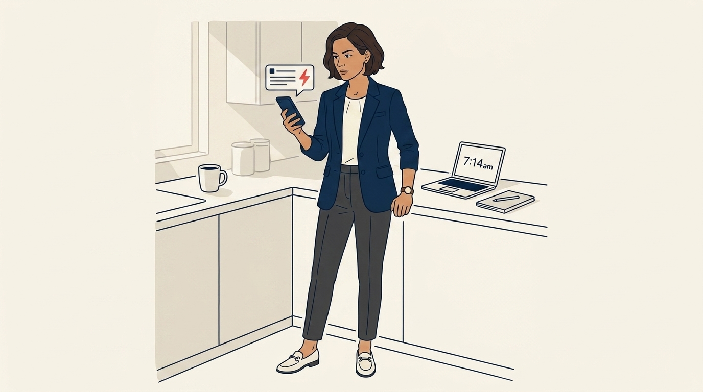 Maya at home on a Saturday morning seeing a breaking-news alert on her phone, expression shifting from quiet weekend to engaged operator, kitchen visible in soft warm-light-gray