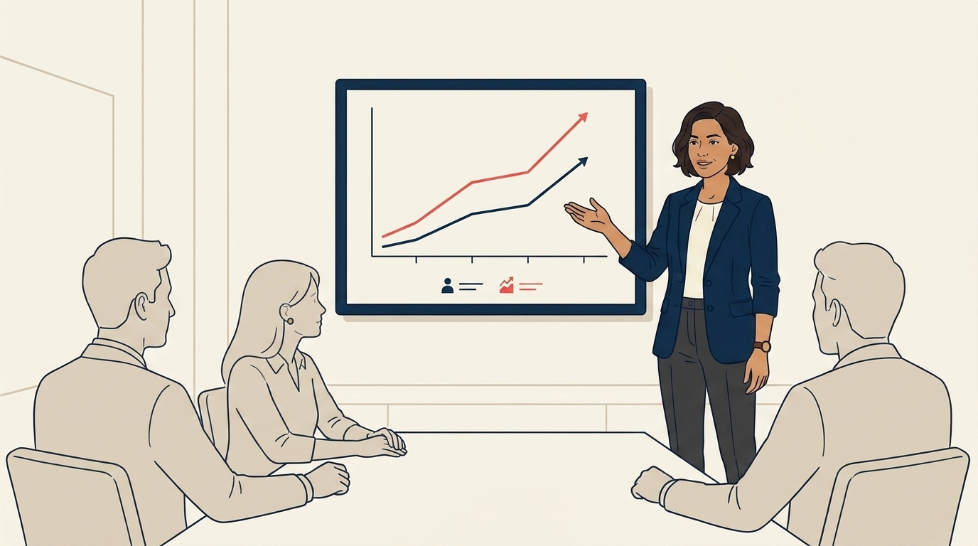 Maya at her quarterly review with the leadership team, a single dashboard chart visible showing win-rate progression over four quarters, calm strategic mood
