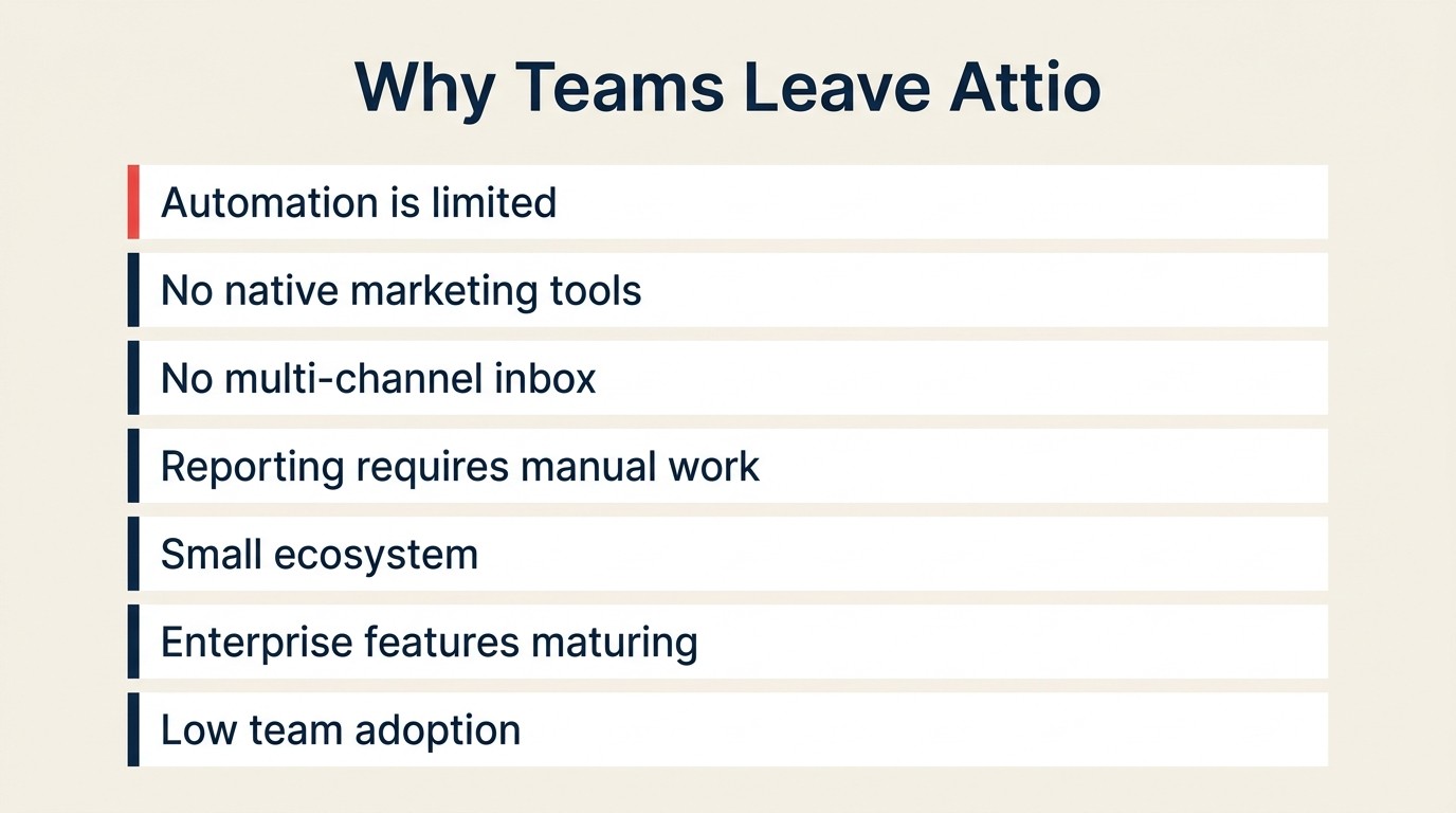 Seven common pain points that drive teams to leave Attio — automation gaps, missing marketing tools, no multi-channel inbox