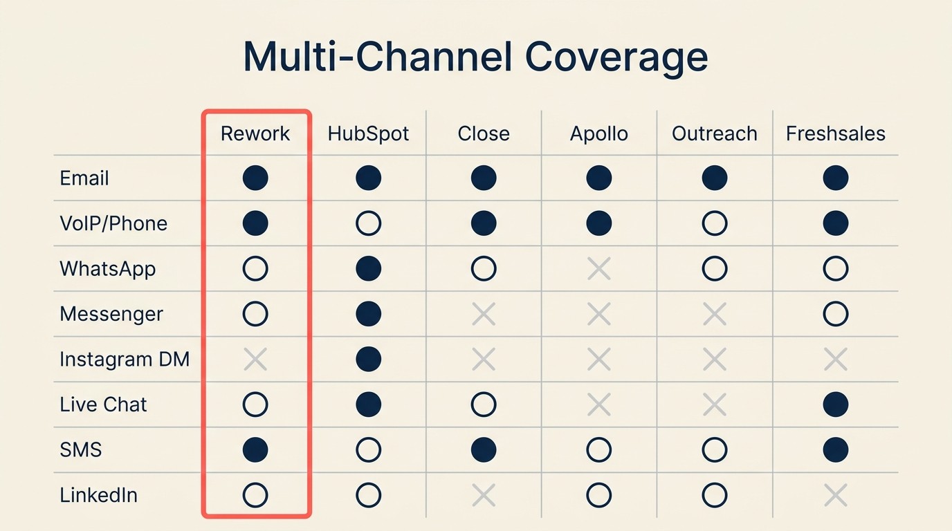 Multi-channel inbox coverage matrix comparing Rework, HubSpot, Close, Apollo, Outreach, and Freshsales across email, WhatsApp, Instagram DM, and live chat