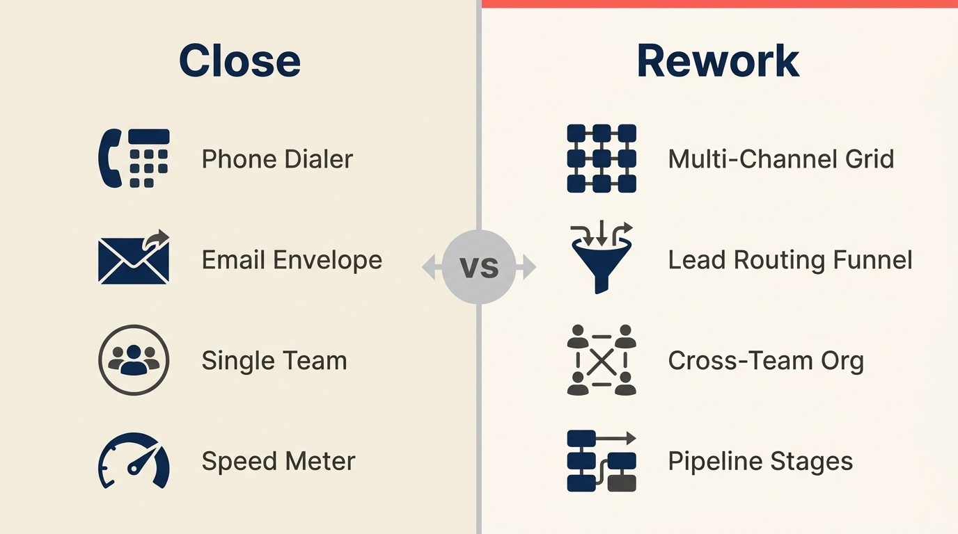 Side-by-side comparison of Rework vs Close CRM showing strengths across multi-channel inbox, lead routing, team scope, and pipeline management