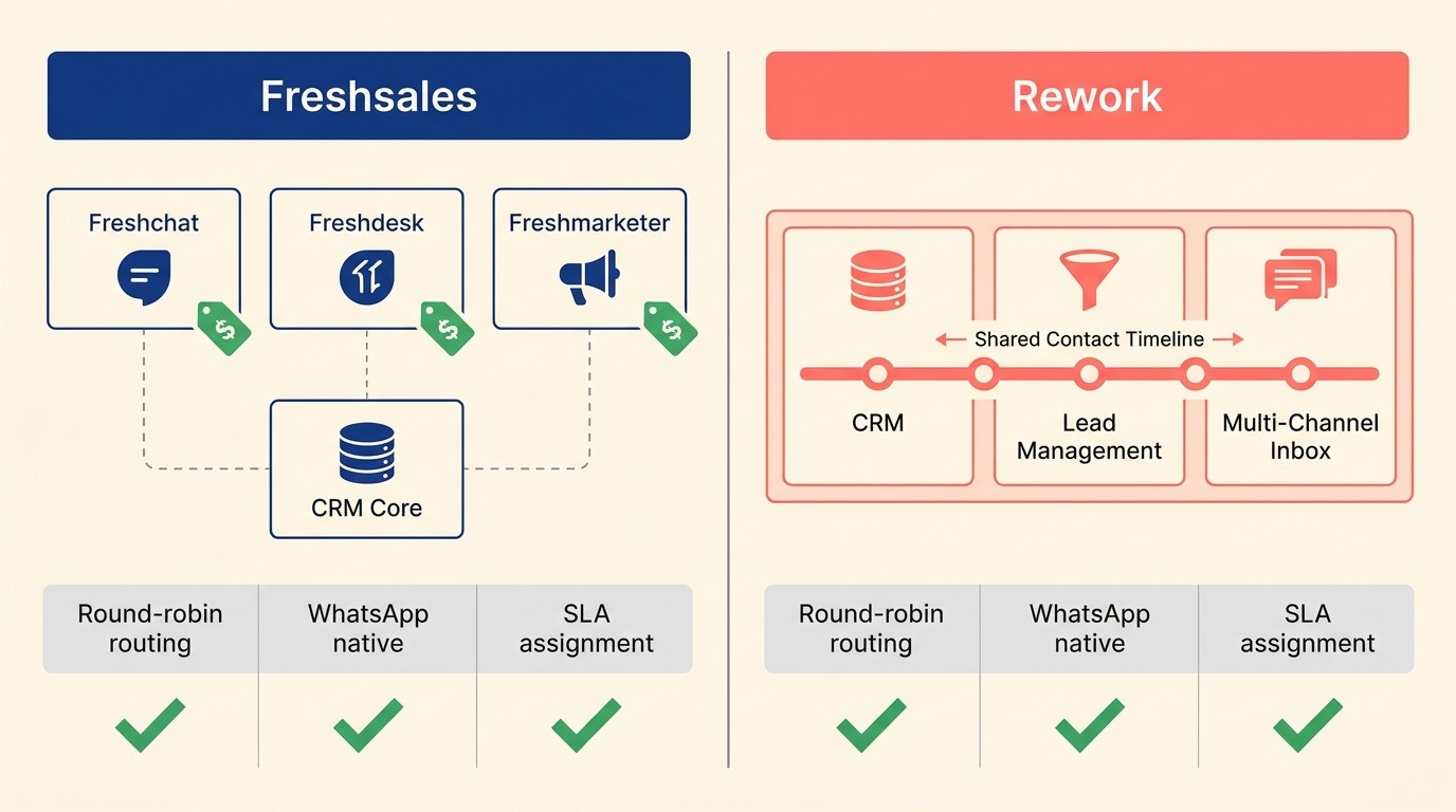 Rework vs Freshsales unified CRM, lead management, and multi-channel inbox in one platform