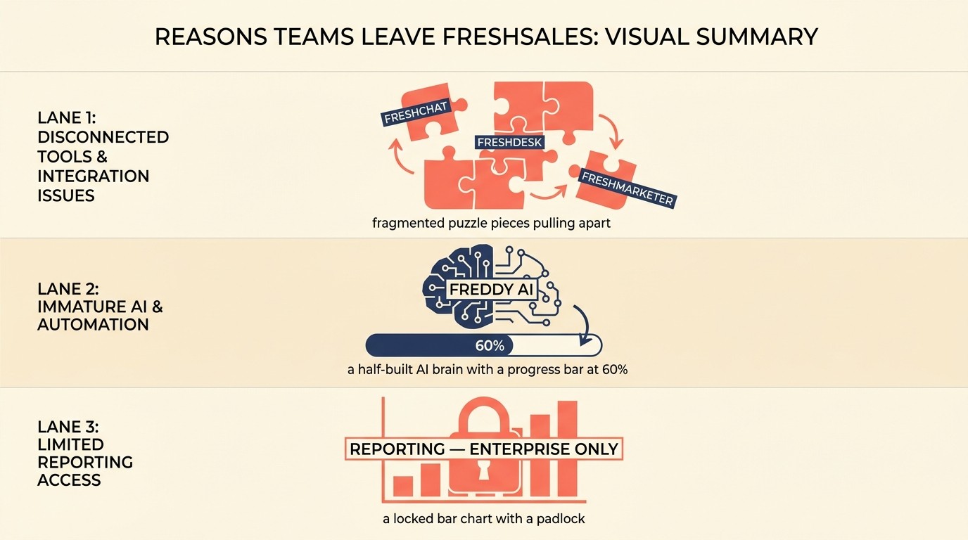 Three reasons teams leave Freshsales: ecosystem fragmentation, Freddy AI immaturity, and reporting limits